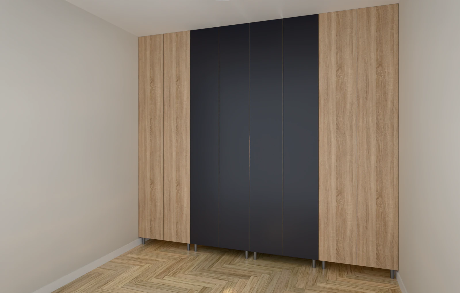 Render Prosciej: zabudowa z frontami w dekorze dębu